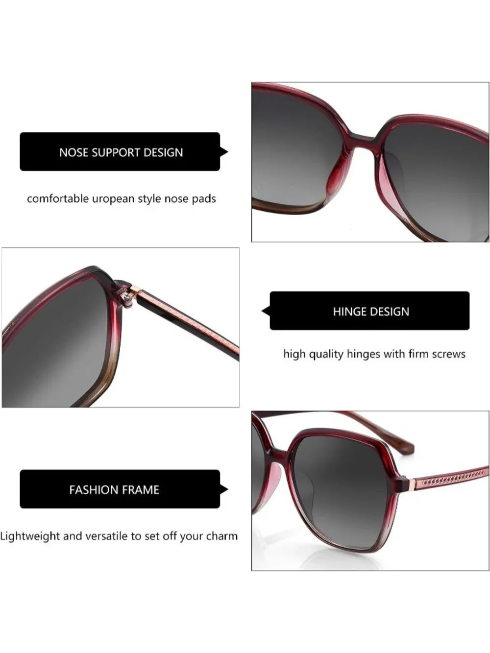 Women's Polarized Oversized Square Sun Glasses Shades UV400 Protection Burgundy